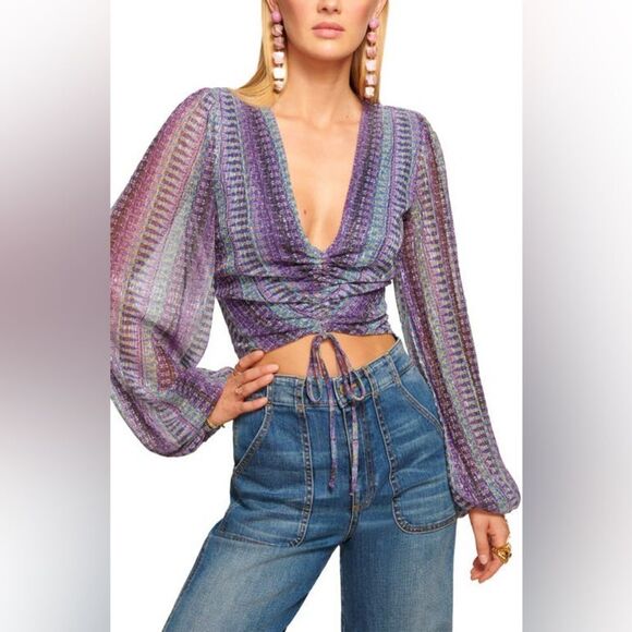 Ramy Brook NWT Georgia Metallic Plunge Neck Crop Blouse in Cabana Blue Combo XXS - Picture 1 of 5